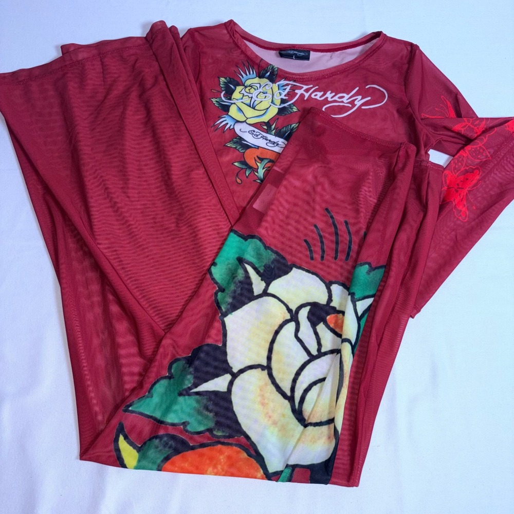 Ed Hardy Mesh cover up Set Large Red Tattoo Rose Rhinestone Crop Top Maxi Skirt